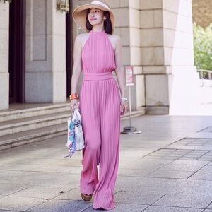 NWT ZARA Pleated Pink Halter Wide-Leg Jumpsuit